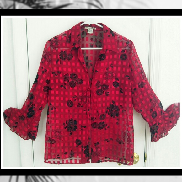 Notations Tops - NOTATIONS Sheer Checkered Bell Sleeve Blouse #3026p